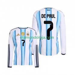 Camisola Argentina Rodrigo De Paul 7 Homem Equipamento Primeiro Copa do Mundo 2026 Manga Comprida